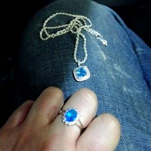 9.25  Italian crafted silver Topaz and Diamond ring and necklace set